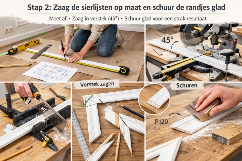 Sierlijsten op maat zagen met verstekbak of afkortzaag en daarna licht schuren