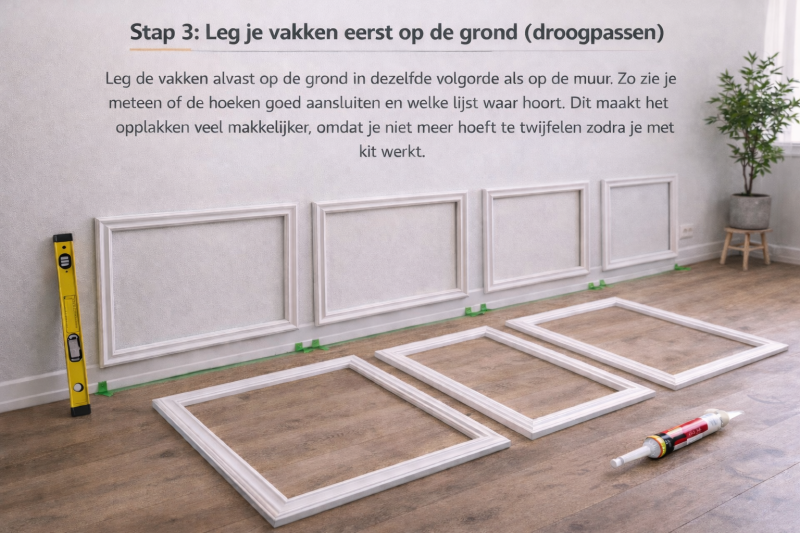 Voorbereiding sierlijsten op de muur: lijsten op de vloer in juiste volgorde leggen