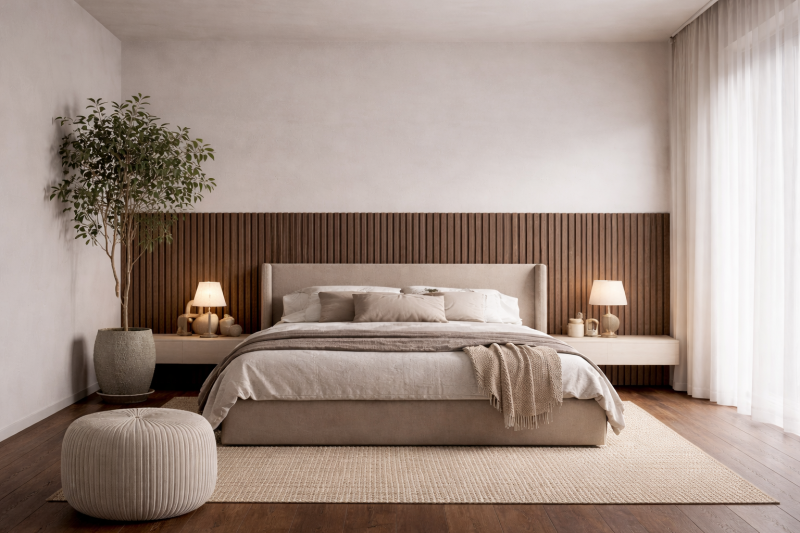 akoestische wandpanelen van Action in walnootkleur als lattenwand in de slaapkamer