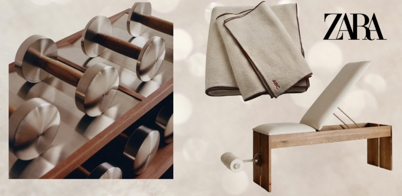 Zara Home sportcollectie met leren sportmat en fitness accessoires in een rustige home gym Zara Home sportcollectie met leren sportmat en fitness accessoires in een rustige home gym