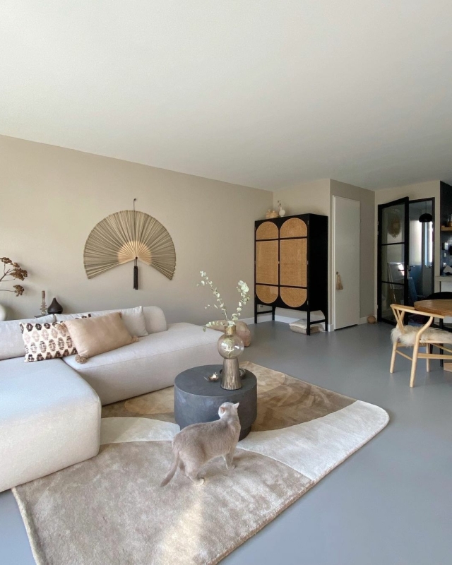 een moderne woonkamer met beige vloerkleed en beige bank