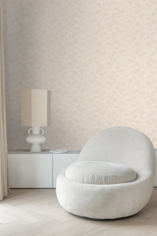 Beige babykamer behang met bladeren Beige babykamer behang met bladeren