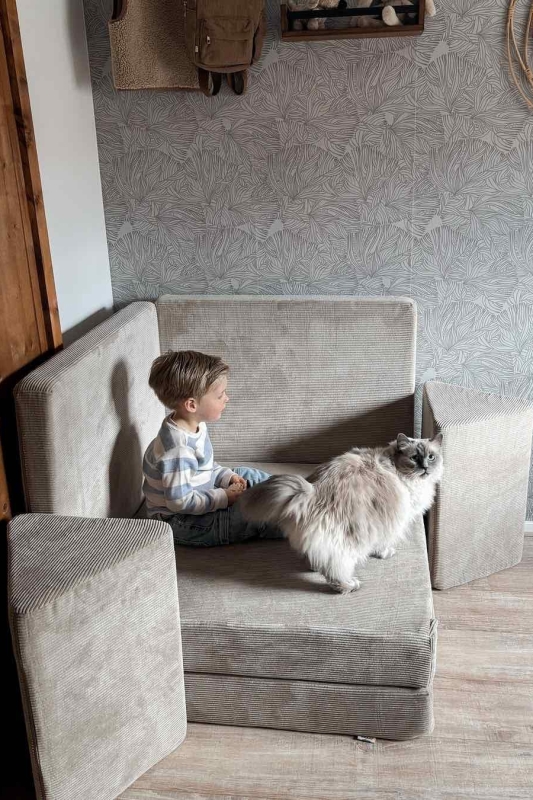 een grijze baaap speelbank in de kleur grijs in een kinderkamer