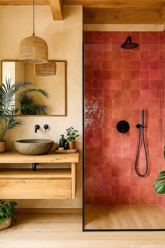 Warme kleuren in je boho badkamer