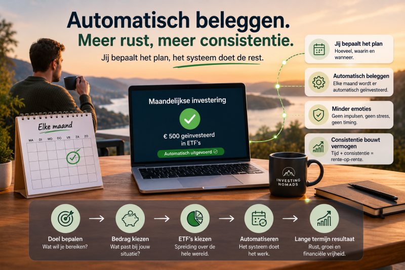 Automatisch beleggen met ETF strategie Illustratie van automatisch beleggen met ETF’s via maandelijkse investeringen, gericht op lange termijn groei, rust, consistentie en rente-op-rente effect.