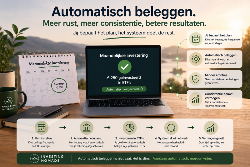 Illustratie van automatisch beleggen via maandelijkse ETF-investeringen met focus op consistentie, lange termijn groei, spreiding en een geautomatiseerd beleggingssysteem.