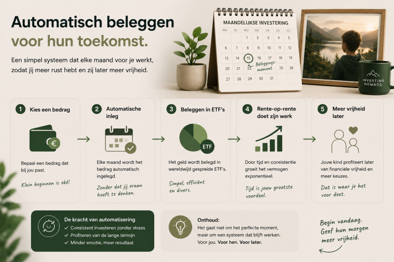 Infographic die laat zien hoe automatisch beleggen voor kinderen werkt via maandelijkse ETF investeringen, spreiding en lange termijn vermogensopbouw.