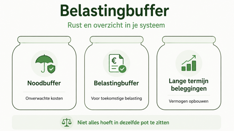 Infographic met drie financiële potjes voor beleggers: noodbuffer, belastingbuffer en lange termijn beleggingen als voorbereiding op mogelijke Box 3 belasting over werkelijk rendement.