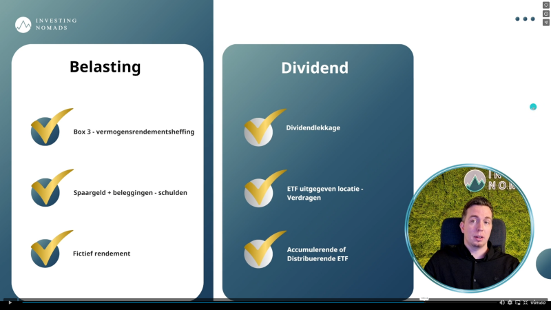 Belasting en dividend bij ETF beleggen – uitleg uit masterclass Fragment uit de masterclass waarin dividendbelasting en Box 3 worden uitgelegd voor beginners die beleggen in ETF’s