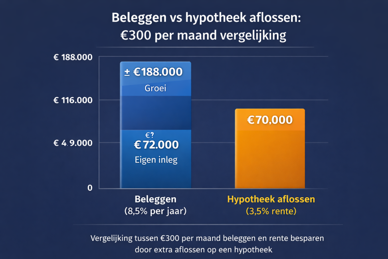 Beleggen vs hypotheek aflossen: €300 per maand vergelijking Grafiek die laat zien wat €300 per maand beleggen kan opleveren vergeleken met rente besparen door hypotheek aflossen.