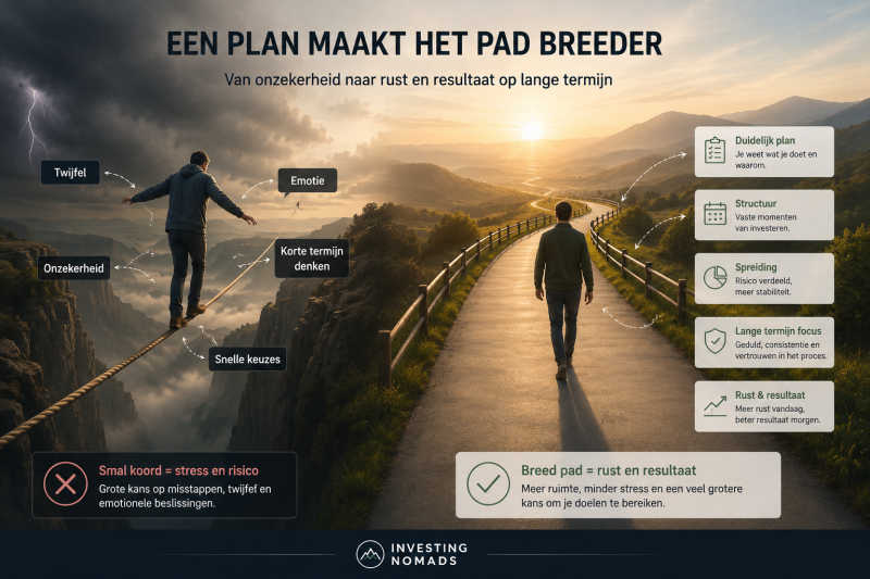 Beleggingsplan rust en structuur lange termijn Illustratie van een smal koord versus een breed pad als metafoor voor beleggen met stress en twijfel tegenover een rustig lange termijn beleggingsplan met structuur en spreiding.