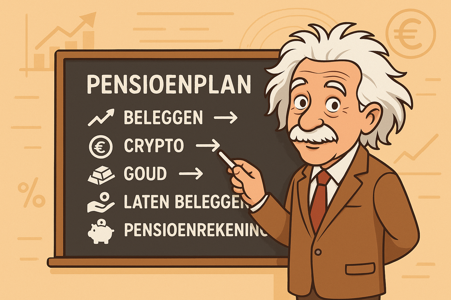 Albert Einstein onthult pensioenplan op whiteboard – 5 slimme pijlers voor pensioenopbouw in 2025: beleggen, crypto, goud, laten beleggen en pensioenrekening. Visuele uitleg voor jouw financiële toekomst.