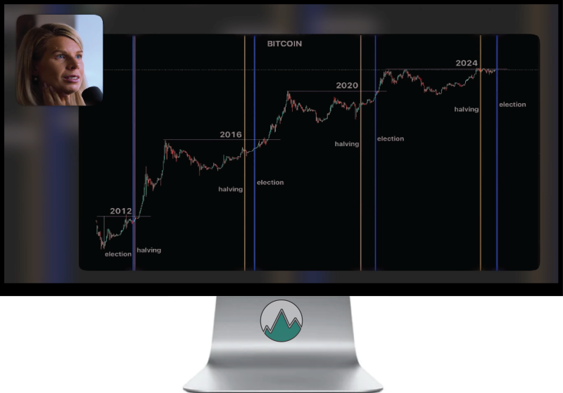 Een analyse op een grafiek van Bitcoin met de verkiezingen en BTC halving weergegeven