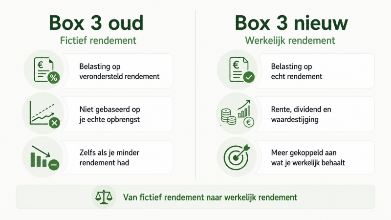 Infographic die het verschil laat zien tussen het oude Box 3 systeem met fictief rendement en het nieuwe mogelijke Box 3 systeem met belasting op werkelijk rendement.