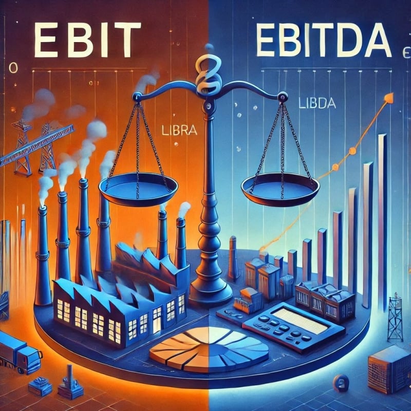 EBITDA vs EBIT weergegeven aan de hand van secotren en weegschaal