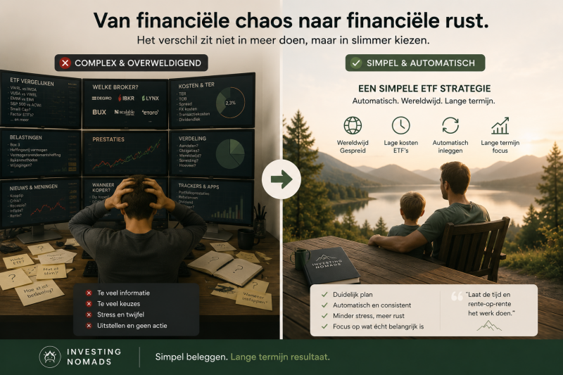 Illustratie die het verschil laat zien tussen financiële chaos met stress, ETF termen en tientallen schermen versus een simpele automatische ETF strategie met rust, spreiding en lange termijn focus.