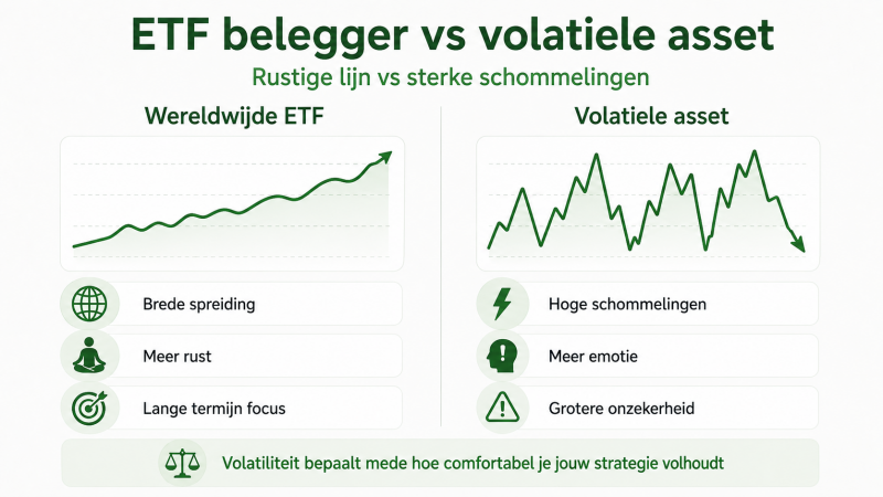 Infographic die een rustige wereldwijde ETF portefeuille vergelijkt met een volatiele asset en laat zien waarom schommelingen belangrijker worden bij Box 3 belasting op werkelijk rendement.