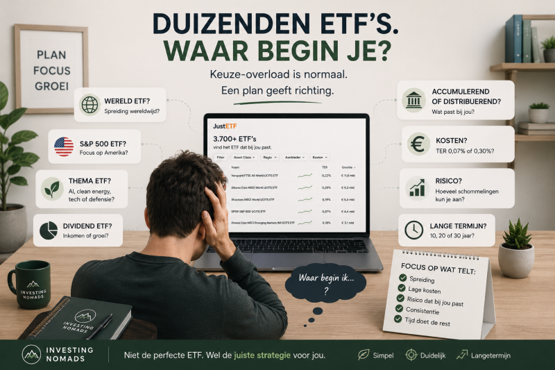 Illustratie van een beginnende belegger met keuze stress tussen verschillende ETF’s, waarbij spreiding, kosten, dividendstructuur en lange termijn beleggen centraal staan.