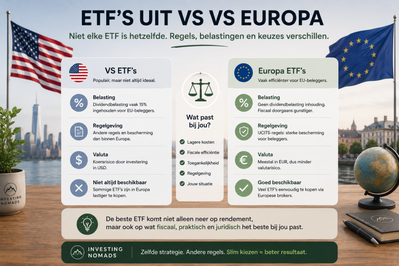 Infographic die de verschillen toont tussen Europese en Amerikaanse ETF’s op het gebied van belasting, regelgeving, valuta en beschikbaarheid voor beleggers in Europa.