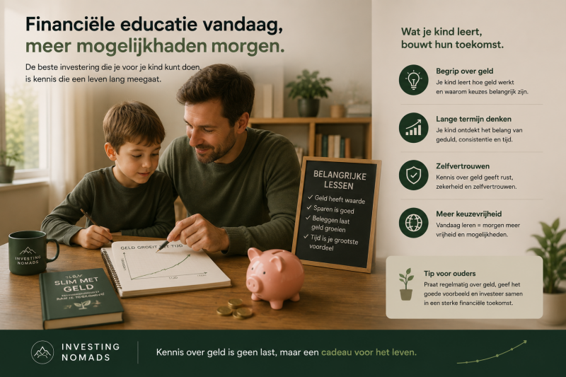 Rustige afbeelding van een ouder die een kind leert over geld, sparen, beleggen en lange termijn groei, met focus op financiële educatie en toekomstgerichte kennis.