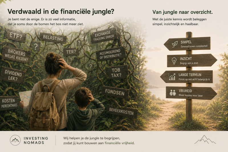 Illustratie van een ouder en kind die verdwalen tussen financiële termen zoals ETF’s, brokers en belastingen, met contrast tussen financiële chaos en een simpele lange termijn strategie.
