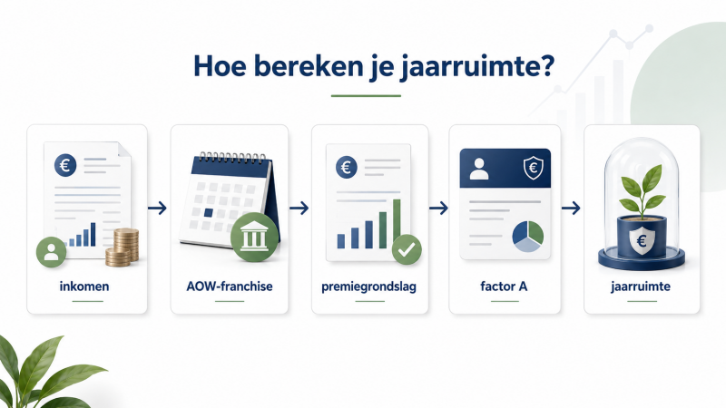 Schematische uitleg van de formule voor jaarruimte met inkomen, AOW-franchise en factor A.