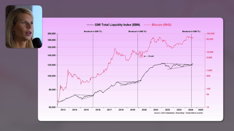 Een gecombineerde grafiek met Total Liquidity index en Bitcoin prijs