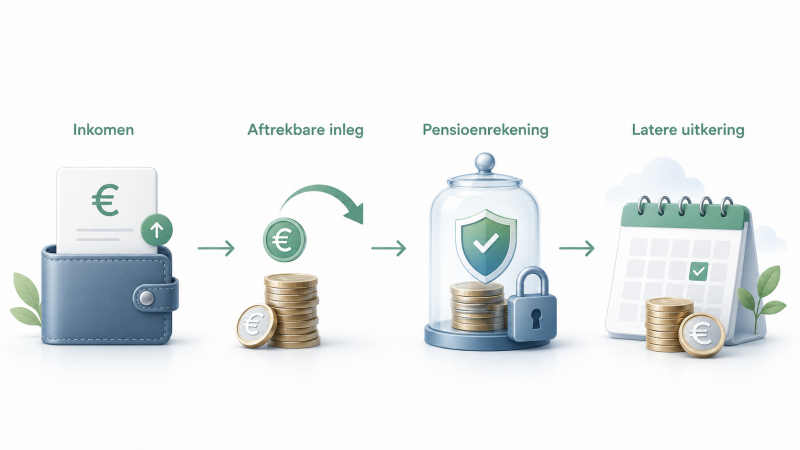 Schematische uitleg van belastingvoordeel bij pensioenbeleggen via aftrekbare inleg en latere pensioenuitkering.