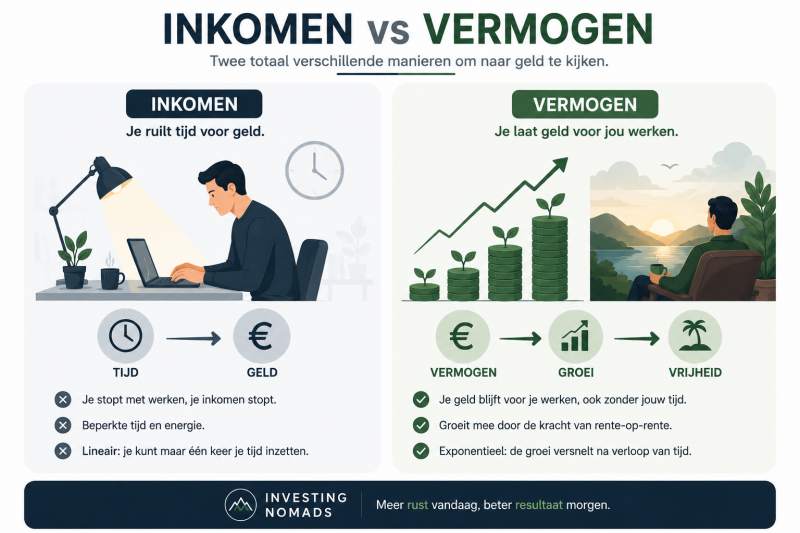 Infographic die het verschil toont tussen inkomen en vermogen opbouwen, waarbij links tijd voor geld wordt ingeruild en rechts vermogen groeit via beleggen, rente-op-rente en lange termijn investeren.
