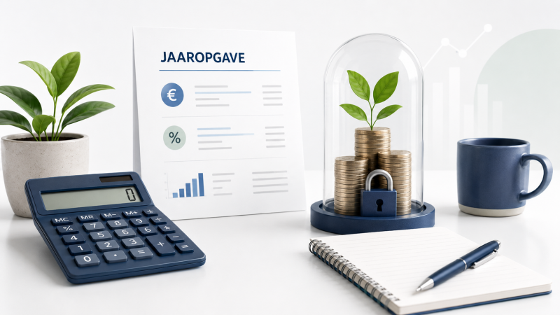 Illustratie van jaarruimte berekenen met jaaropgave, rekenmachine en pensioenpot.