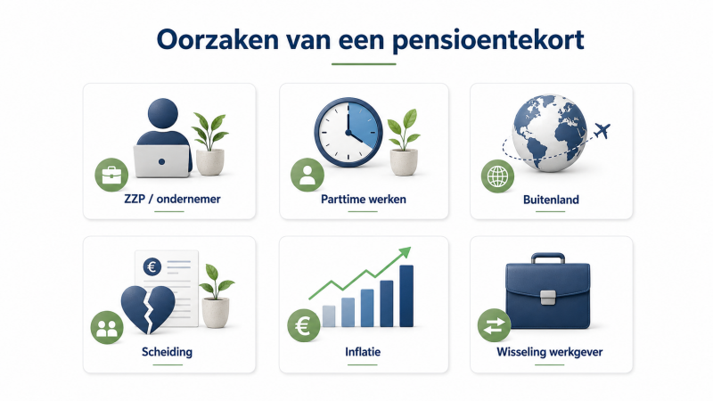 Illustratie van oorzaken van een pensioentekort zoals zzp, parttime werken, buitenland en inflatie.