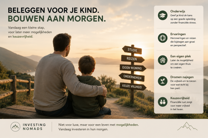Rustige afbeelding van een ouder en kind die vooruitkijken naar de toekomst, symbool voor lange termijn beleggen, financiële rust en meer keuzevrijheid voor kinderen later.