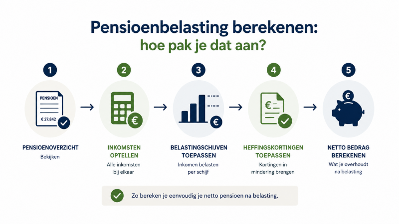 Stappenplan om belasting op pensioen te berekenen met pensioenoverzicht, tarieven en heffingskortingen.