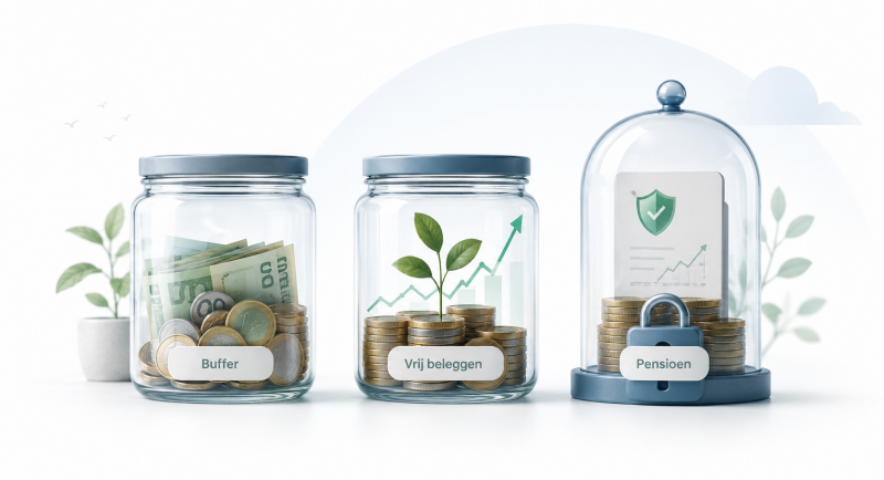 Illustratie van drie financiële potjes: buffer, vrij beleggen en pensioenbeleggen met belastingvoordeel.