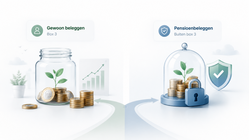 Visuele vergelijking tussen gewoon beleggen in box 3 en pensioenbeleggen op een geblokkeerde pensioenrekening.