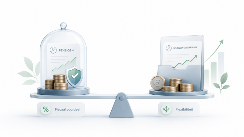 Illustratie van de afweging tussen pensioenbeleggen met fiscaal voordeel en gewoon beleggen met meer flexibiliteit.