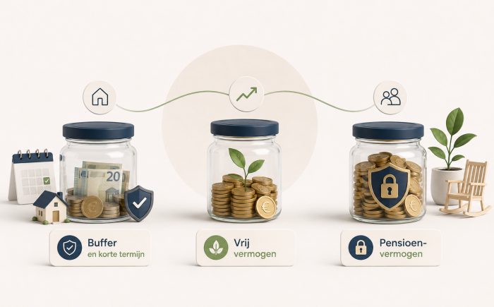 Illustratie van drie financiële potjes voor buffer, vrij vermogen en pensioenvermogen.