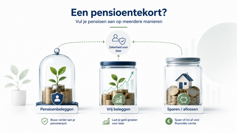 Illustratie van manieren om een pensioentekort aan te vullen met pensioenbeleggen, vrij beleggen en sparen.