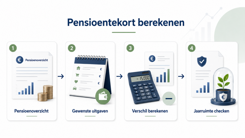 Stappenplan om een pensioentekort te berekenen met pensioenoverzicht, uitgaven en jaarruimte.