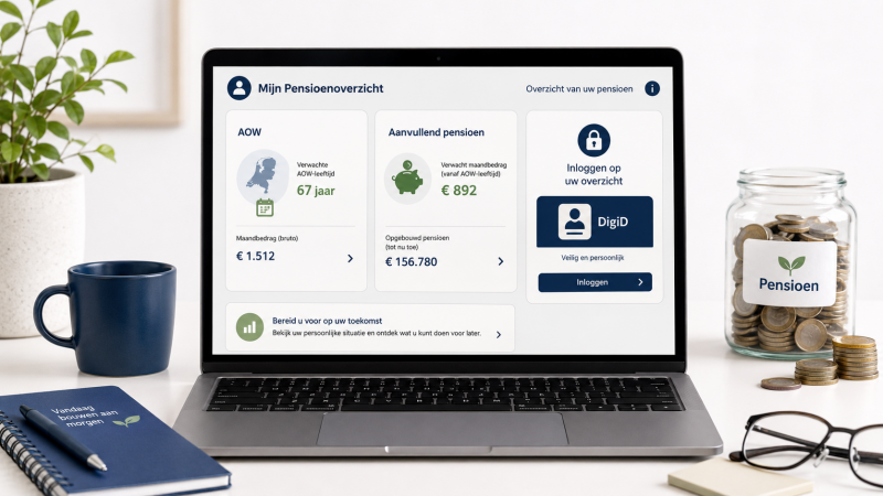 Illustratie van een persoonlijk pensioenoverzicht met AOW en aanvullend pensioen.