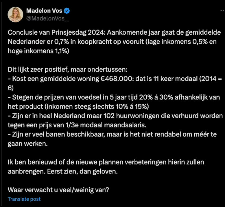 Tweet van Madelon Vos over de gevolgen van Prinsjesdag 2024