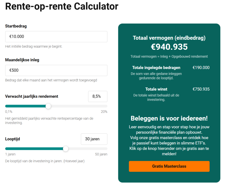Rente op rente groei bij maandelijkse inleg over 20 en 30 jaar berekenen met deze gratis tool