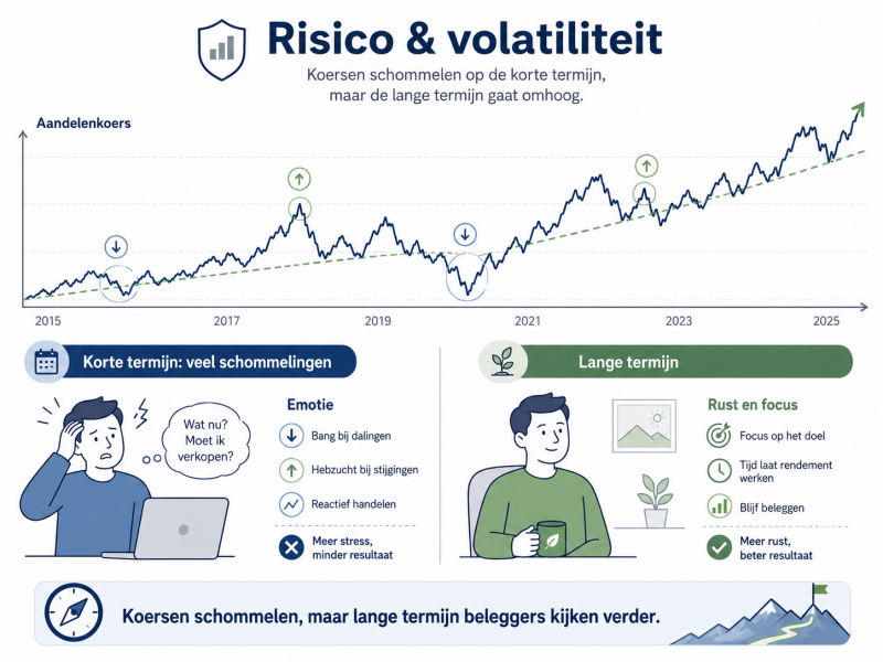 Infographic die laat zien hoe aandelenkoersen op korte termijn kunnen schommelen, terwijl lange termijn beleggers rustig blijven focussen op hun plan.