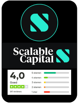Scalable Capital broker overzicht met logo en Trustpilot score voor automatisch ETF beleggen en spaarplannen