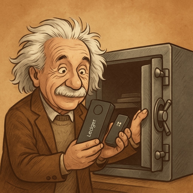 Albert Einstein beveiligt zijn pensioenopbouw met een Ledger cold wallet – de veiligste manier om crypto op te slaan voor je pensioen. Bescherm je vermogen slim en toekomstgericht in 2025.