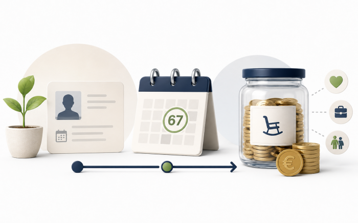Illustratie van pensioenleeftijd berekenen met kalender, geboortedatum en pensioenpot.