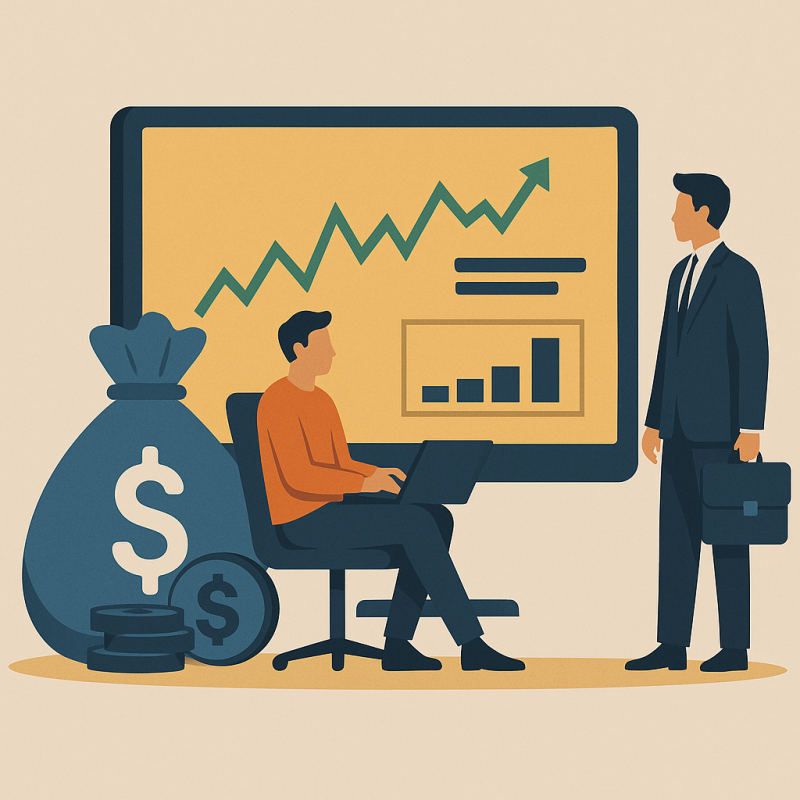 Digitale illustratie van funded account via prop trading firm in 2025 – forex, aandelen en crypto trading zonder eigen kapitaal