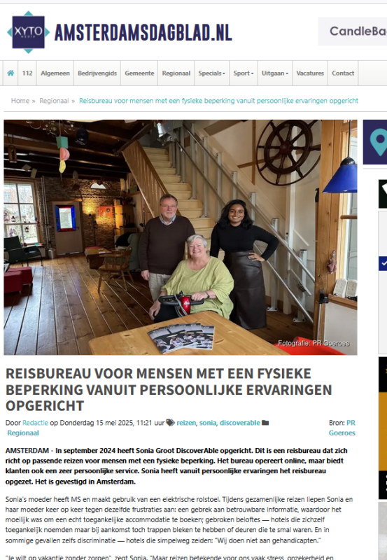 DiscoverAble in de media: amsterdamsdagblad.nl: reisbureau voor mensen met een fysieke beperking vanuit persoonlijke ervaring opgericht