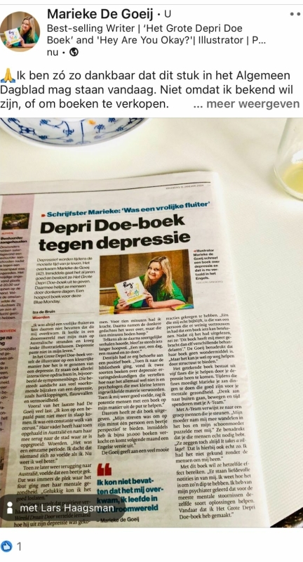 Marieke de Goeij in het Algemeen Dagblad over haar boek Hey, Are You Okay? De titel luidt: Depri Doe-boek tegen depressie