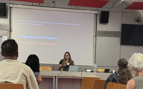 Josanne van Westrienen presenting her research on consent language in Swiss criminal law at the IAFLL conference in Montpellier.